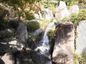 池へと流れる滝