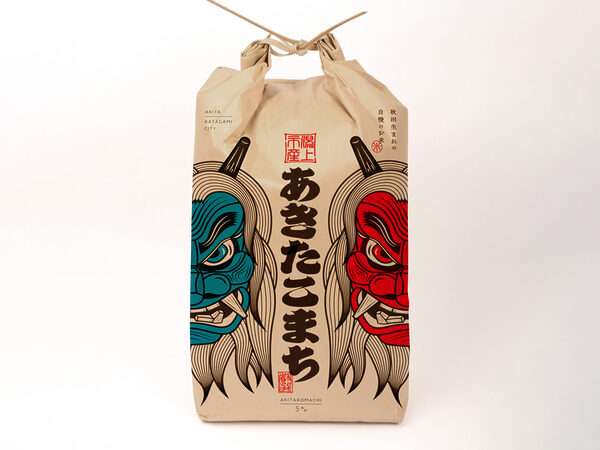 "Akitakomachi rice from Katagami City" with a "Namahage" motif
