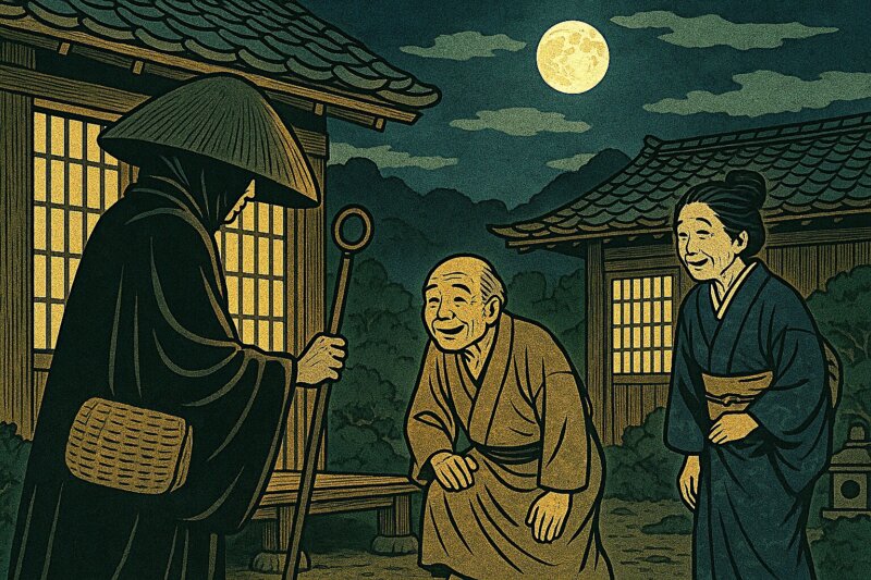 Moonlit Night Travel Monk and an Elderly Couple – Tohoku Rokken Trivia Media NEFT Legend of the Three Lakes - Hachirotaro, who transformed into a traveling monk, and an elderly couple from Kataya