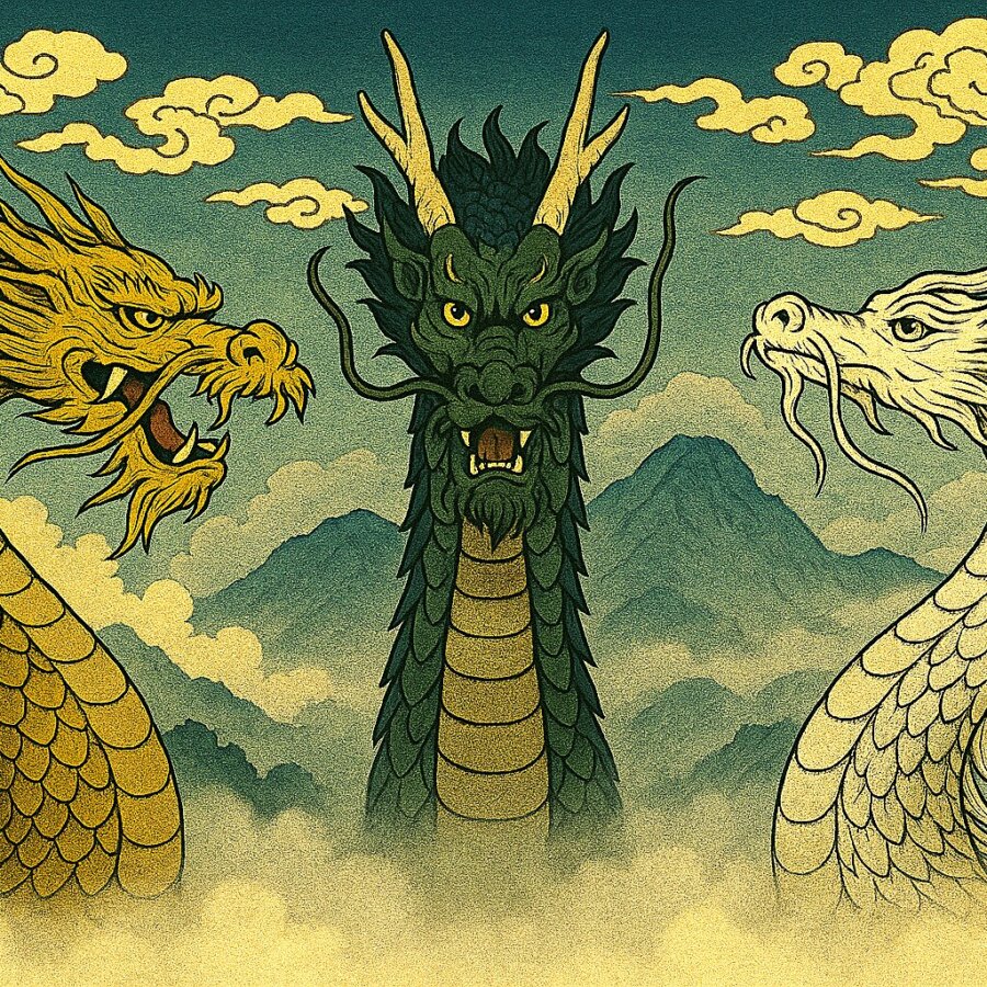 Les trois dieux dragons de la légende de Sanko (Nansobo, Hachirotaro et Tatsuko)