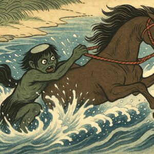Medutz pulls the horse into the river