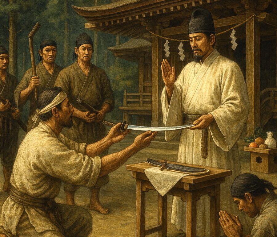 儛草神社に刀を奉納する刀工(イメージ)