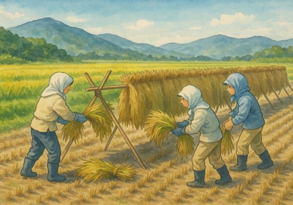 Rice drying scene in the countryside