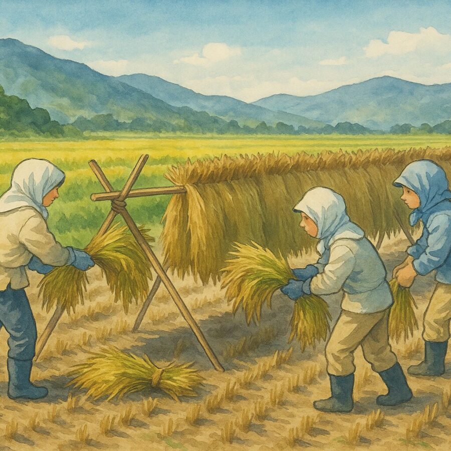 Scène de séchage du riz à la campagne