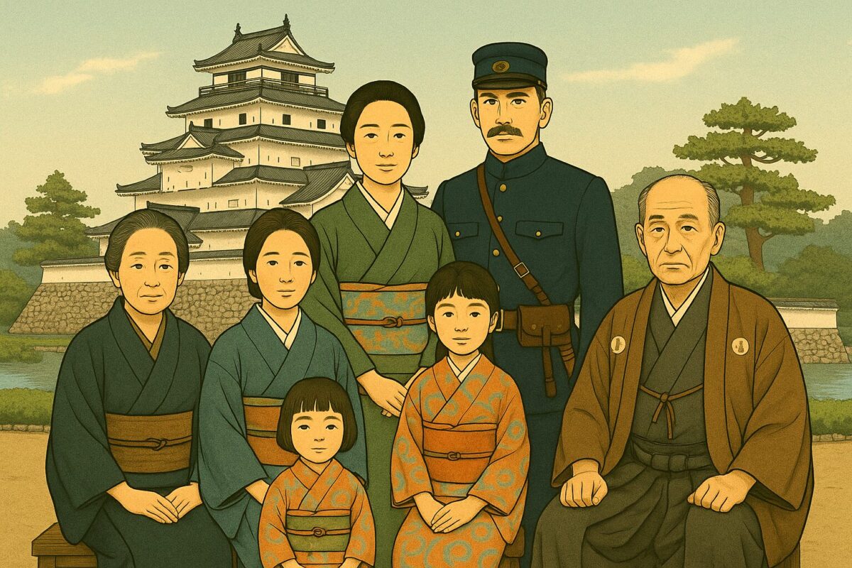 Portrait d'une famille et du château de Tsuruga