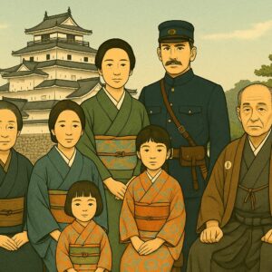 Retrato de una familia y el castillo de Tsuruga