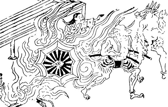 A wheel-shaped fire chariot from "Shin Otogihishi" edited by Ichiroemon Nishimura. Source: Wikipedia