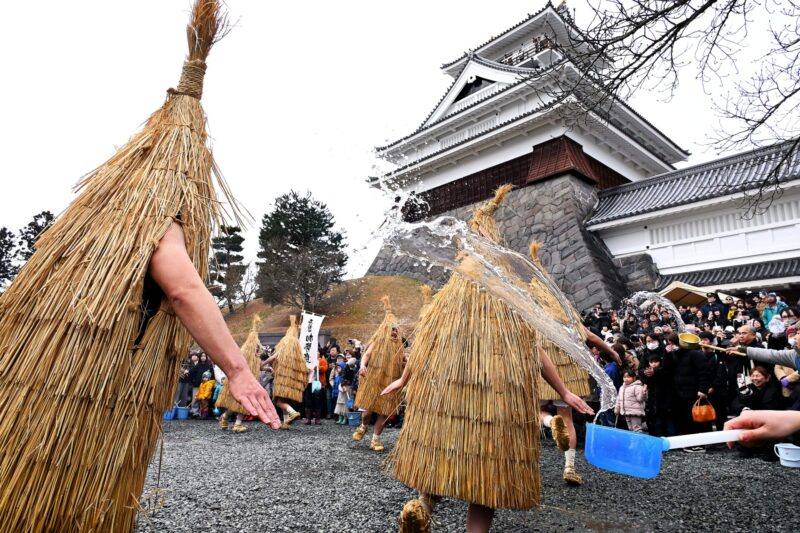 向加濑鸟（一种鸟类）泼洒庆祝用水的场景。
