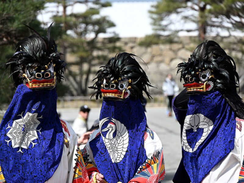 天内狮舞:领头狮(左)、母狮(中)、雄狮(右)。