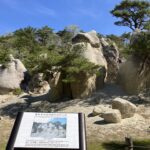 Rocky landscape with large boulders and pine trees under a blue sky; an informational sign in the foreground.