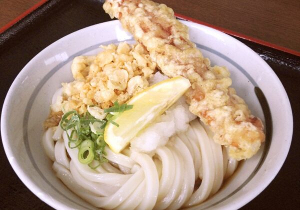 Bowl of thick udon noodles with tempura shrimp, a lemon wedge, and chopped green onions in broth on a wooden table