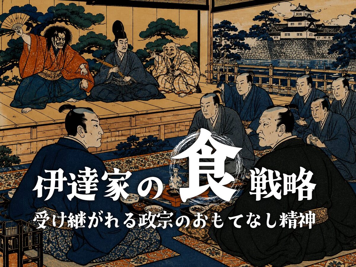 浮世绘风格的江户时代议事场景,在高台上:一名手持扇子的男子正在向坐着的官员讲话,其他人则在一旁聆听,背景是城堡和松树;画面上覆盖着醒目的白色日文标题文字。.