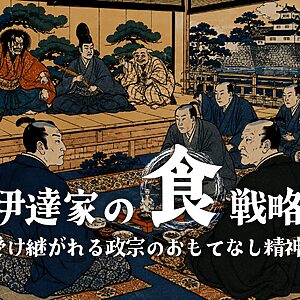 Ukiyo-e style Edo-period council scene on a raised platform: a man with a fan speaks to seated officials while others listen, with a castle and pine trees in the background; large white Japanese title text overlays the image.