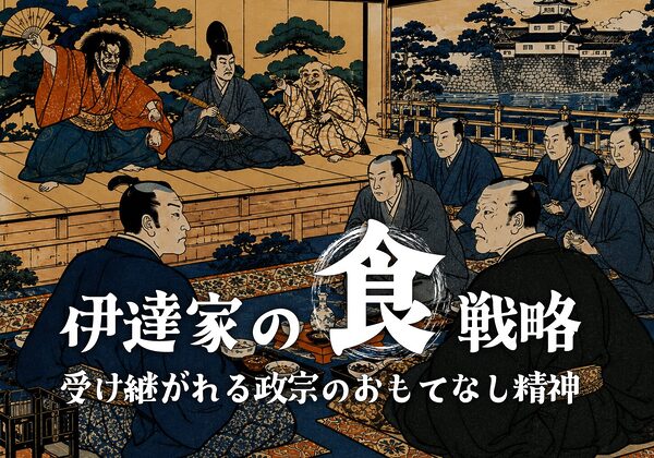 Escena de consejo del período Edo al estilo ukiyo-e sobre una plataforma elevada: un hombre con un abanico habla con funcionarios sentados mientras otros escuchan, con un castillo y pinos al fondo; un gran texto blanco con el título en japonés se superpone a la imagen.