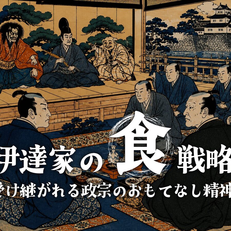 Ukiyo-e style Edo-period council scene on a raised platform: a man with a fan speaks to seated officials while others listen, with a castle and pine trees in the background; large white Japanese title text overlays the image.