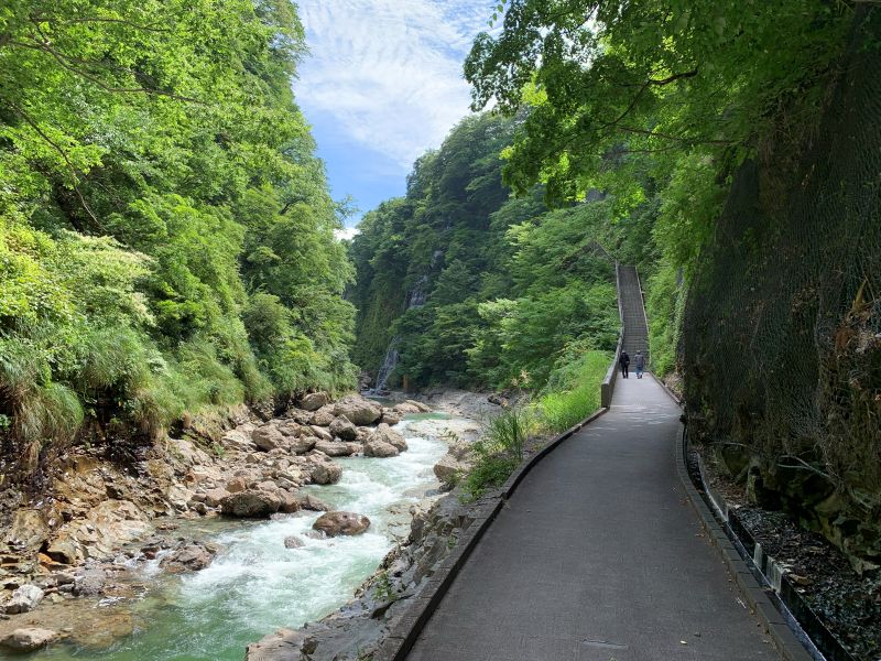 Las escaleras (302 escalones) que conducen a la entrada del lado de Kaneko Shoten se encuentran más adelante, en el sendero que pasa junto al géiser del desfiladero de Koyasu