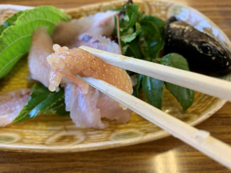 ピンクの身はコリコリ食感、卵巣は口の中でプチプチとはじける。刺身がメスに当たれば食べられる。