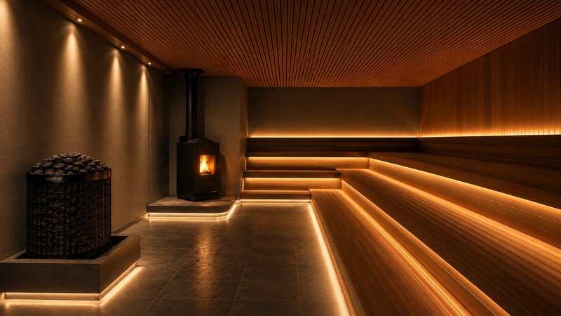 An image of a sauna room utilizing a vault. Actual appearance may differ